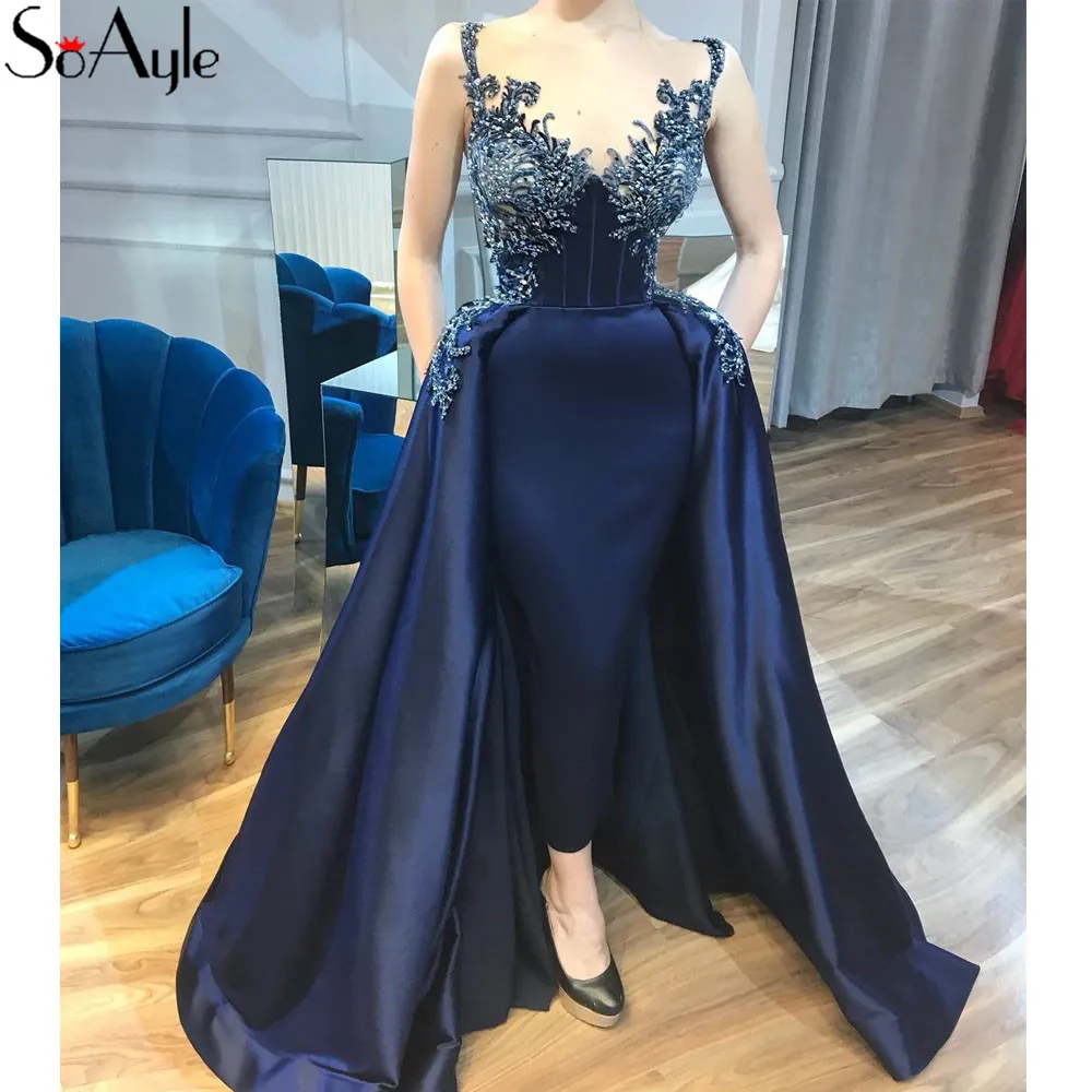 

SoAyle Luxurious Prom Dresses 2018 Luxury Beaded Prom Dress Dark Blue Evening dresses Sheer Neck Sleeveless vestido longo Dress