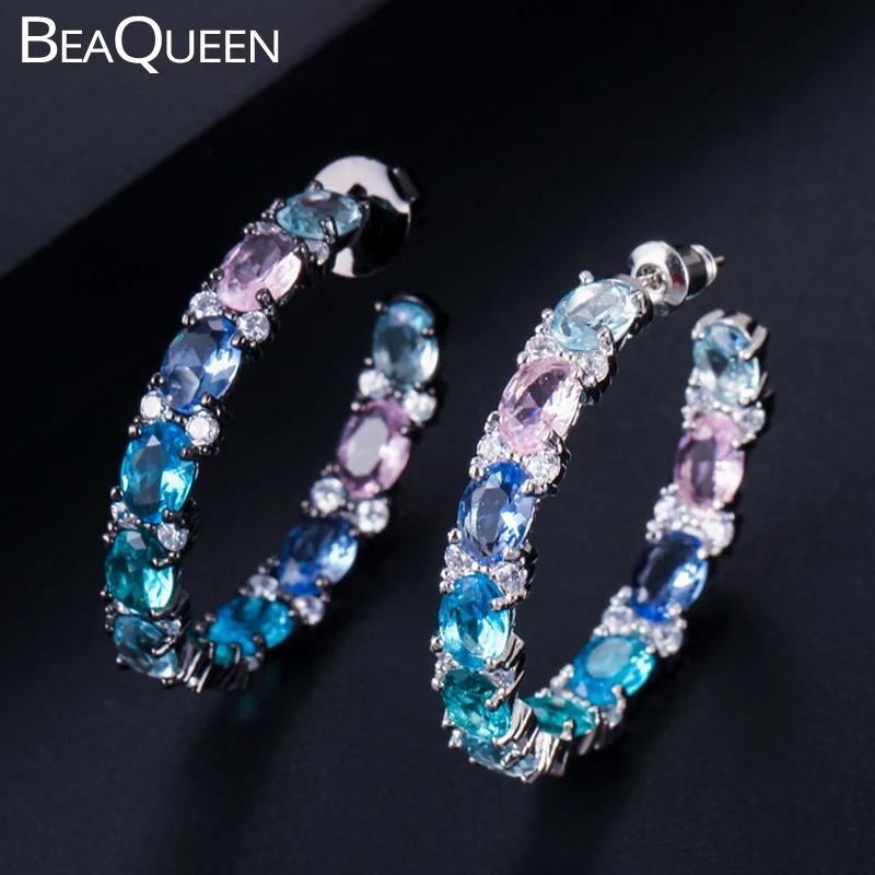 BeaQueen New Big Oval Round Pink Blue Green Multicolored Cubic Zirconia Rainbow Crystal Circle Hoop Earrings Women Jewelry E302