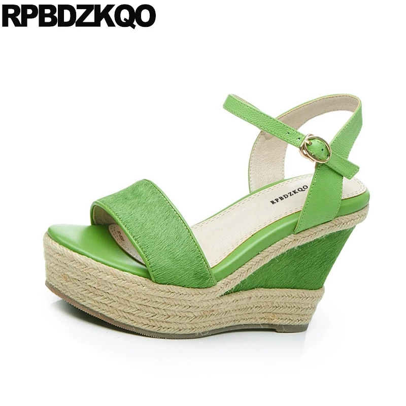 

High Heels Genuine Leather Two Strap Sandals Pumps Green Rope Platform Espadrilles Open Toe Designer Women Wedge Shoes Horsehair