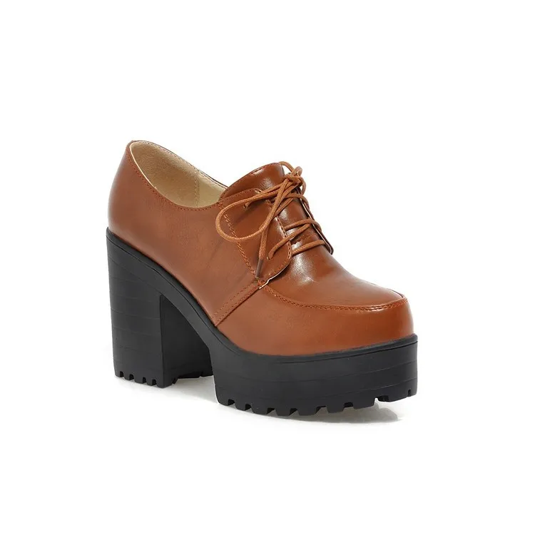 Brown pumps Женские туфли-оксфорды на высоком каблуке; сезон осень; женские туфли-лодочки на толстом каблуке; броги; оксфорды; женская повседневная обувь; британский стиль; на шнуровке - Цвет: Brown pumps