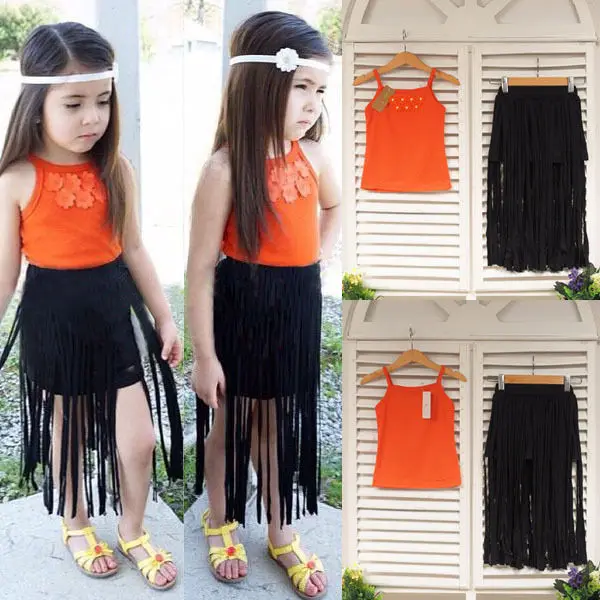 2 шт. детский хлопковый комплект из топа и юбки с круглым вырезом|Комплекты одежды