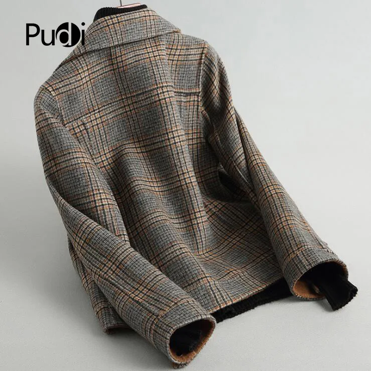 PUDI RO18058 Женская Осенняя зимняя новая короткая клетчатая шерстяная куртка на молнии с карманом дамское длинное стильное пальто с карманом для отдыха