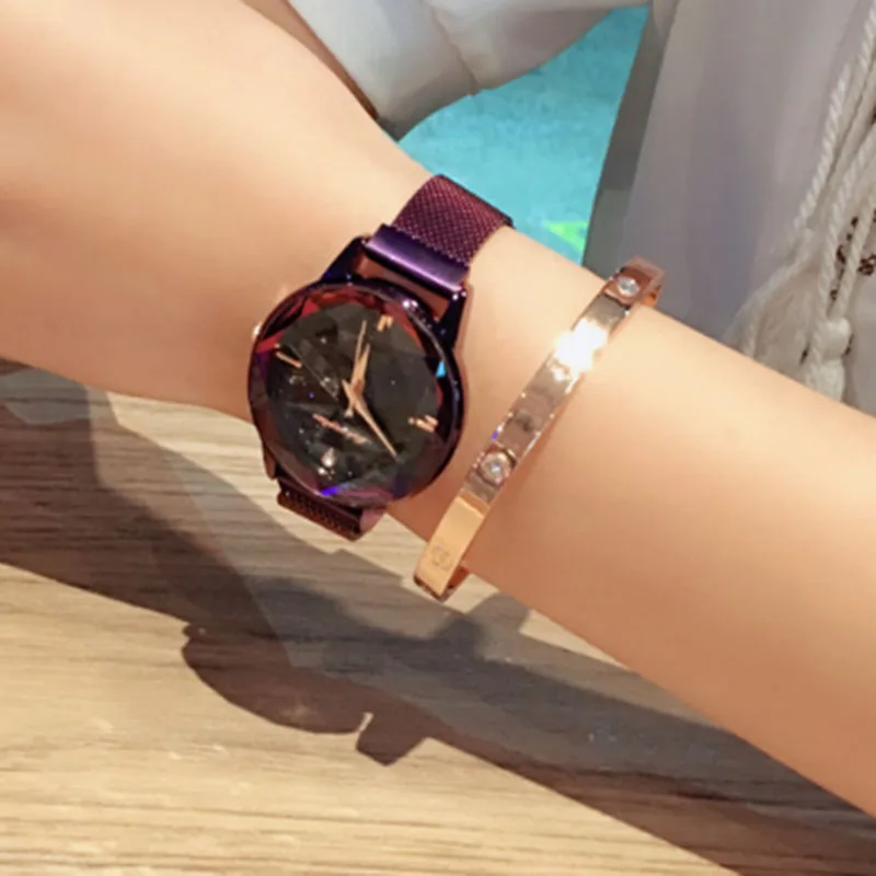 Purple Роскошные женские часы высокого класса, женские часы со звездным небом, модные женские кварцевые часы с бриллиантами, relogio feminino zegarek damski - Цвет: Purple