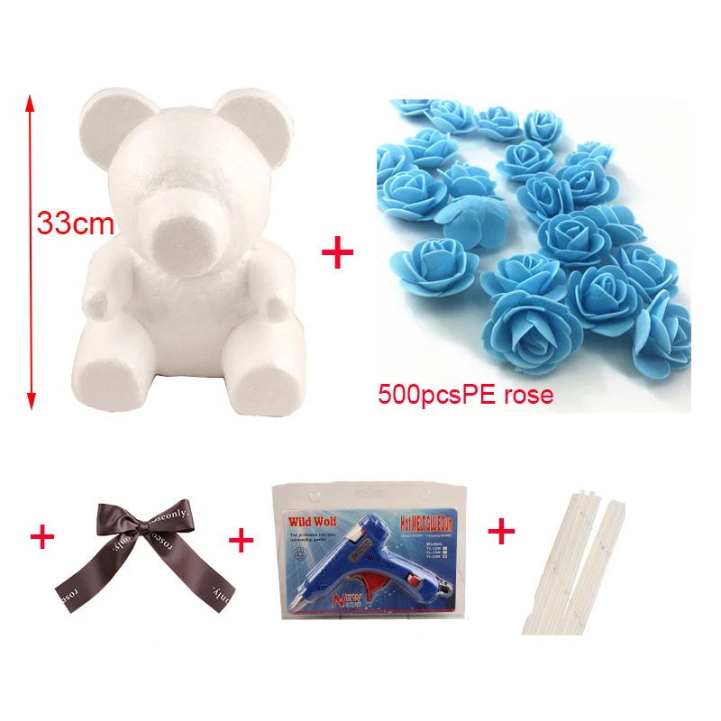 light blue package 20 см/35 см пена Роза Медведь Форма Роза собака модель PE искусственные розы цветок головы DIY Роза аксессуары в виде мишки мешок - Цвет: light blue package