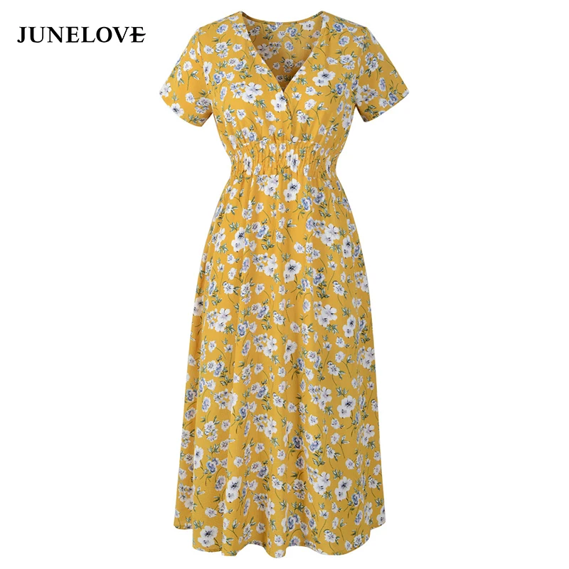 Женское платье с цветочным принтом JuneLove винтажное средней длины коротким
