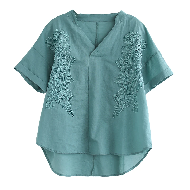 

literary Ramie short sleeve T-shirt women 2019 summer loose vintage embroidery V-Neck Cotton and linen tops T-shirts