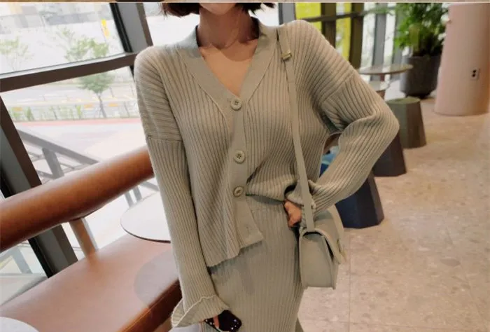 RUGOD Elegant ladies 2 pieces knitted suits Korean chic new single-breasted women cardigan& hight waist sweater skirts female