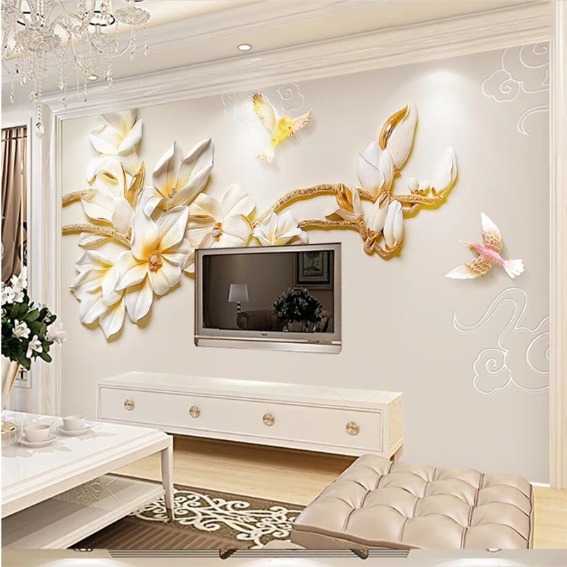 

beibehang Custom Wallpaper Jewelry Relief Simple Fashion New Chinese Magnolia Mural Wallpaper TV Wall Background Wall