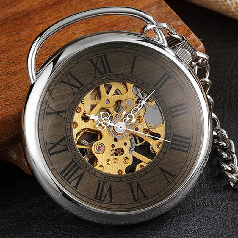 Винтажные Механические карманные часы с большими римскими цифрами Серебряный