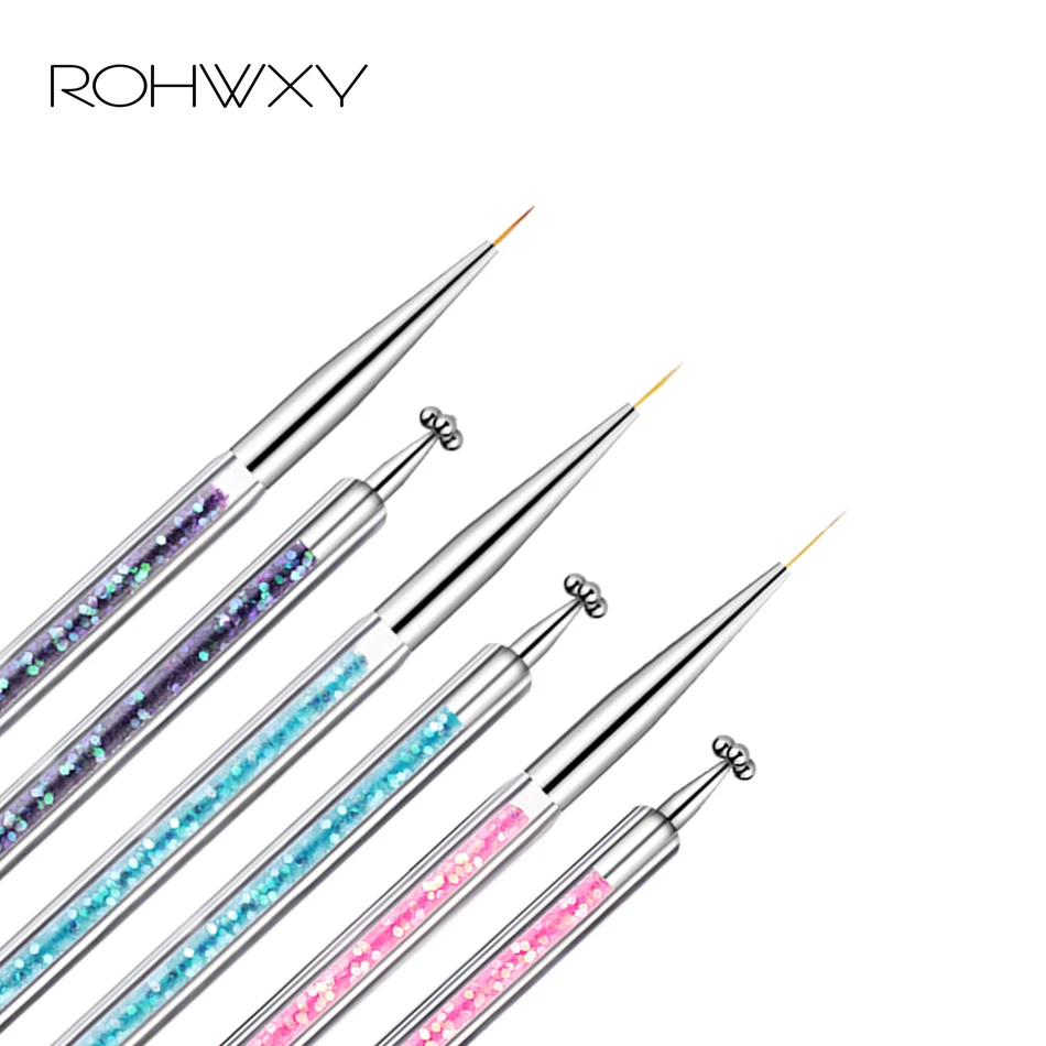 ROHWXY кисть для ногтей УФ гель для ногтей Цветочный рисунок в полоску двойная головка МАГНИТ ручка Кристалл акриловая ручка-лайнер для рисования Маникюрный Инструмент
