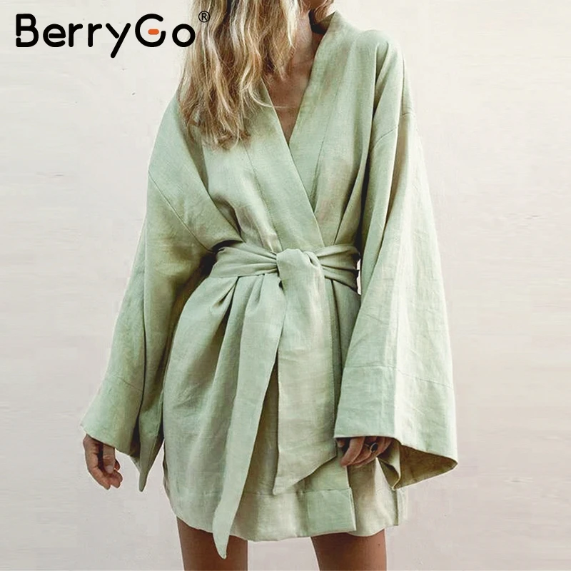 Женское платье-кимоно BerryGo хлопковое белое Повседневное платье с длинным рукавом