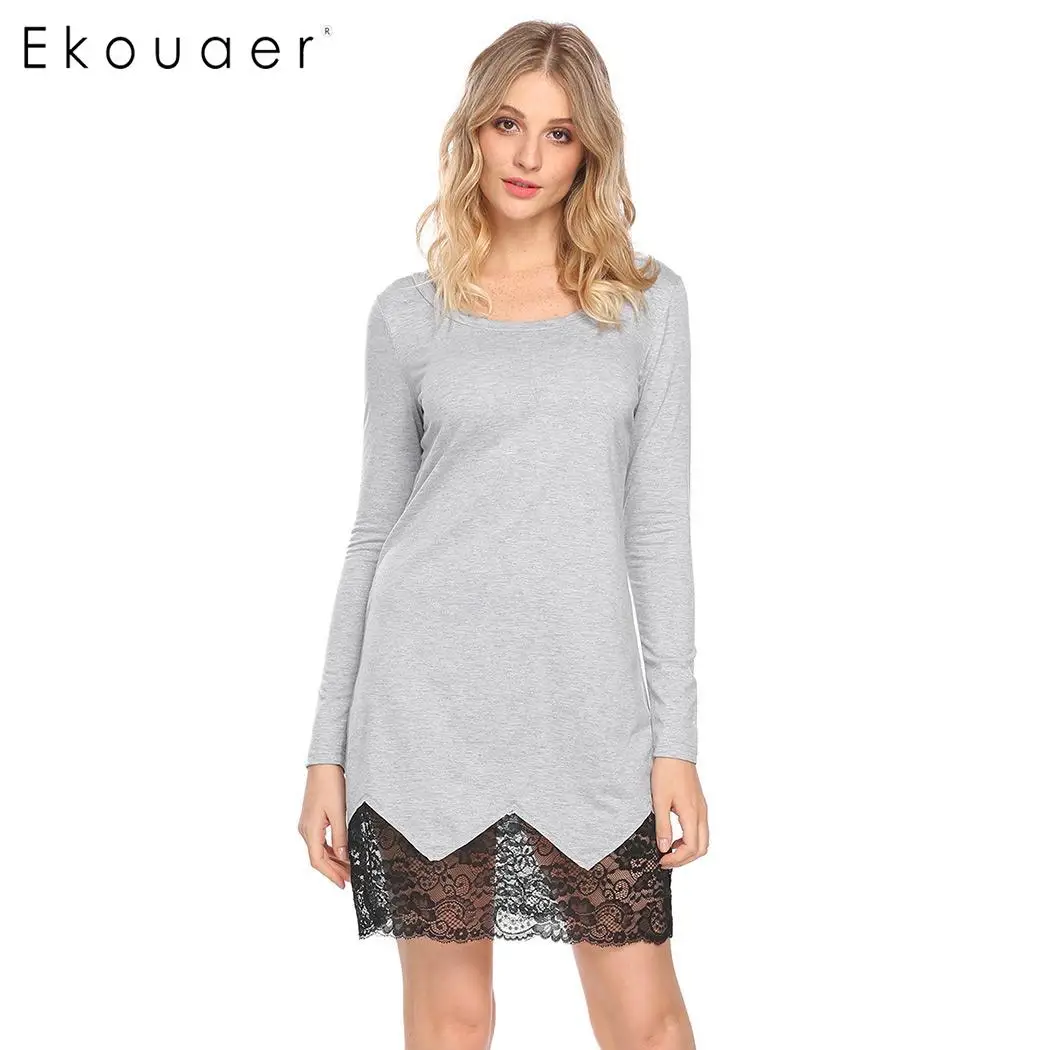 Gray Ekouaer женские сорочки Ночная сорочка с круглым вырезом и длинными рукавами для сна кружевное лоскутное повседневное ТРАПЕЦИЕВИДНОЕ ПЛАТЬЕ для сна Ночная сорочка - Цвет: Gray
