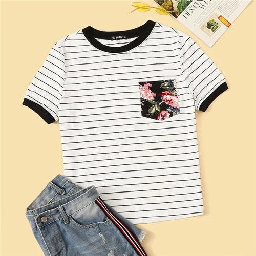 Black and White SHEIN модная футболка в полоску с цветочным принтом и карманами, женская одежда, Повседневная Эластичная летняя рубашка с круглым вырезом, женские топы - Цвет: Black and White