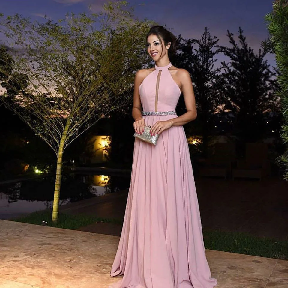 

Evening Dress Long Chiffon Crystal Halter Neck Floor-Length Formal Party Gowns Evening Gowns Vestido De Festa Longo