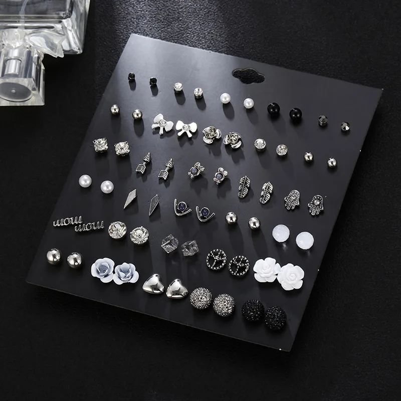 30 Pairs/set Vintage Silver Alloy Crystal Stud Earrings Set Mix For Women Girls Cute White Resin Flower Earring Gifts Jewelry | Украшения и