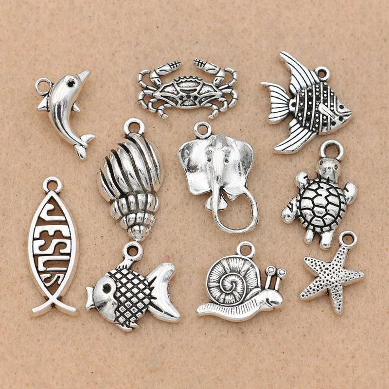 

10PCS Mixed Antique Silver Plated Dolphin Fish Snail Shell Charms Pendant Jewelry Making Bracelet Handmade Crafts