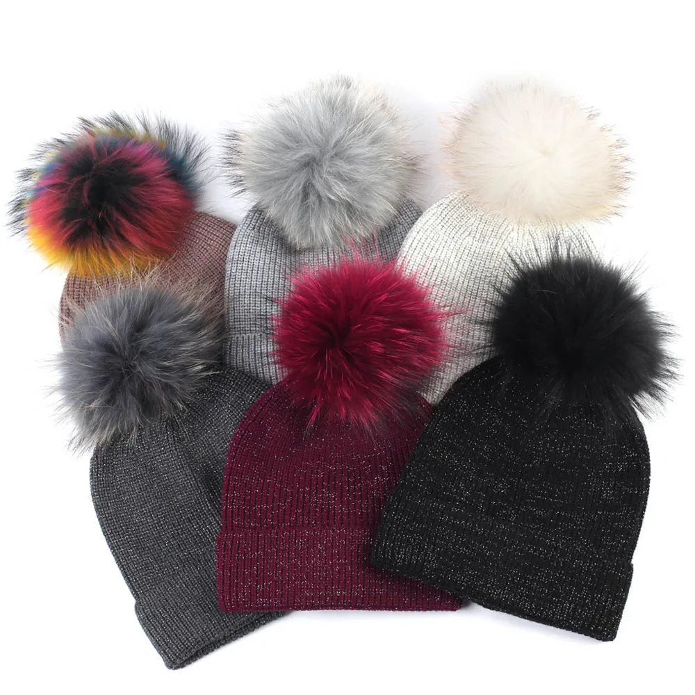 

Geebro New Women's Beanie Hat with Raccoon Pompom Winter Knitted Slouchy Beanie for Women Female Skullies with Real Fur Pompom