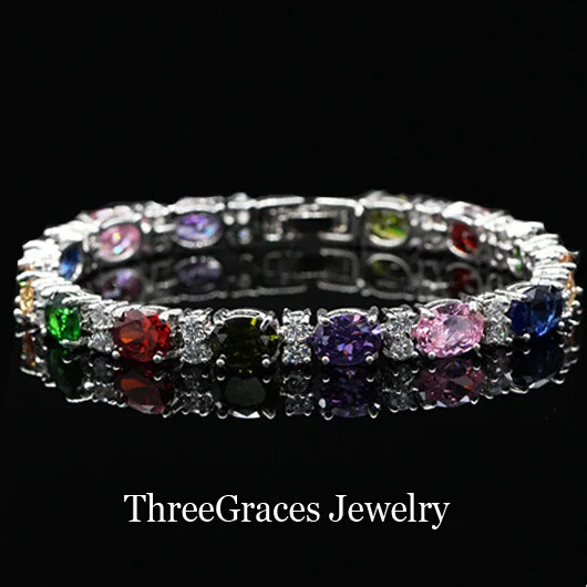 ThreeGraces модный серебряный цвет кубический циркон Овальный темно-зеленый камень ювелирный женский браслет аксессуары BR016 - Окраска металла: multi color