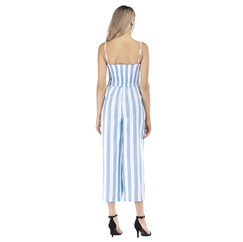 Elegant Striped Sexy V-Neck Spaghetti Strap Rompers Womens Sleeveless Backless Bow Casual Wide legs Jumpsuits Leotard Overal |