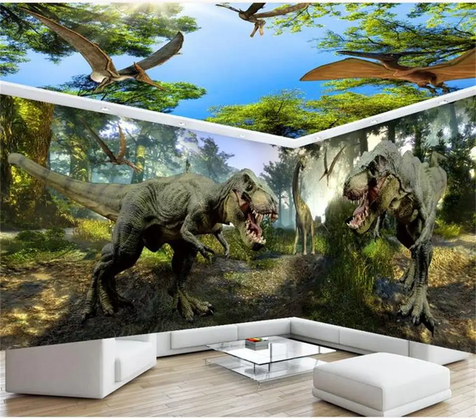 3d обои фотообои на заказ Фреска комната Юрского периода динозавры живопись фон