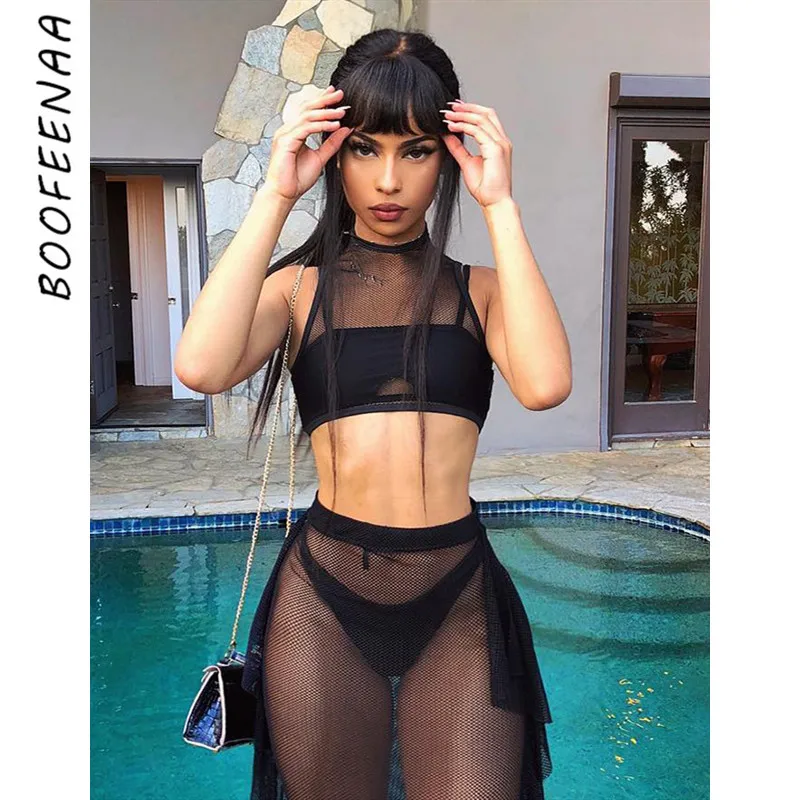 BOOFEENAA Sexy Black Mesh Ruffles Long Skirt Beach Bottoms See Through High Waist Pencil Skirts Womens Summer C66-AZ30
