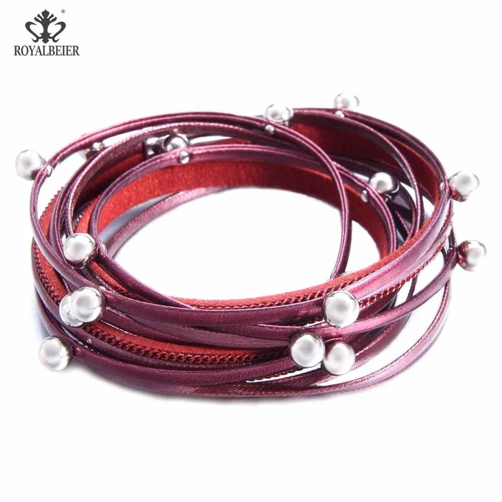 ROYALBEIER Jewelry Bracelets for Women Multi-layer PU Leather Rope with Imitation Pearl Winding Bangles Dropshipping | Украшения и