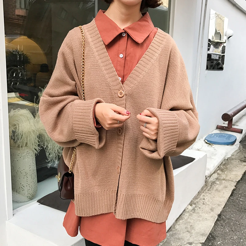 

Spring Autumn Korean Chic Knitted Cardigans Women Fashion V Neck Solid Color Single Breasted Loose Sweaters Female Elegant Tops