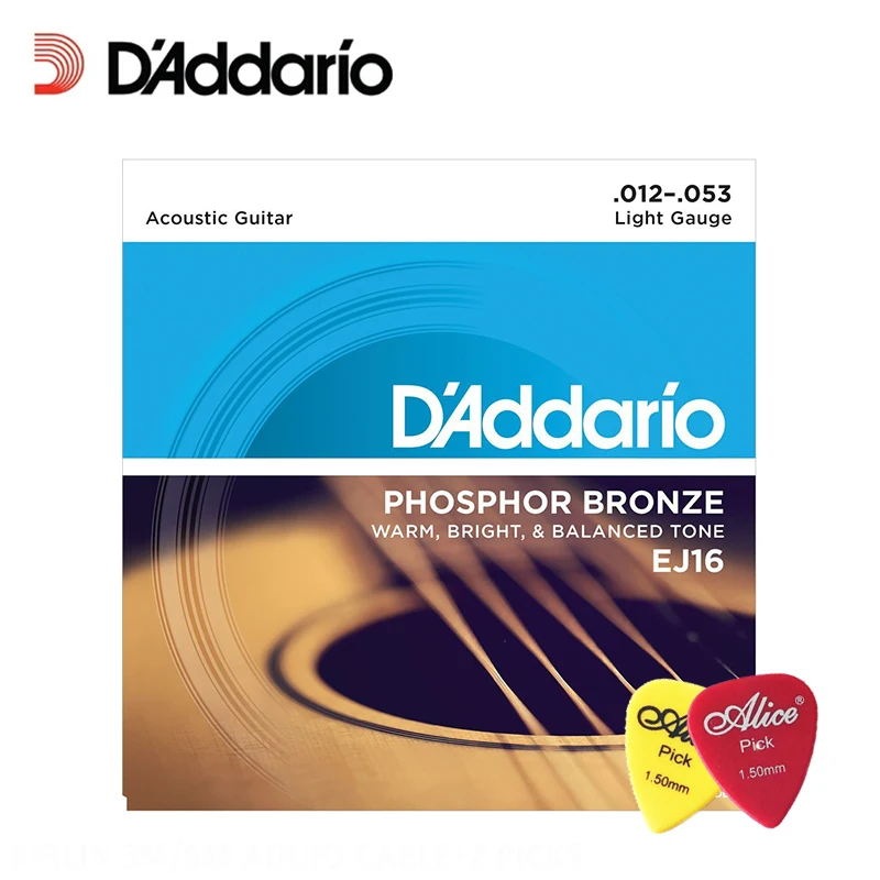 

D'Addario EJ16 Phosphor Bronze Light Acoustic Strings .012-.053 Daddario Guitar Strings (With 2pcs picks)