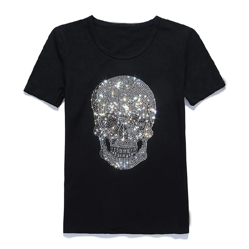 

New Women Shinning Skull Hot Drilling T-Shirt Black Cotton Short Sleeve High Quality Rhinestone Print Top Tees Fashion Clothes