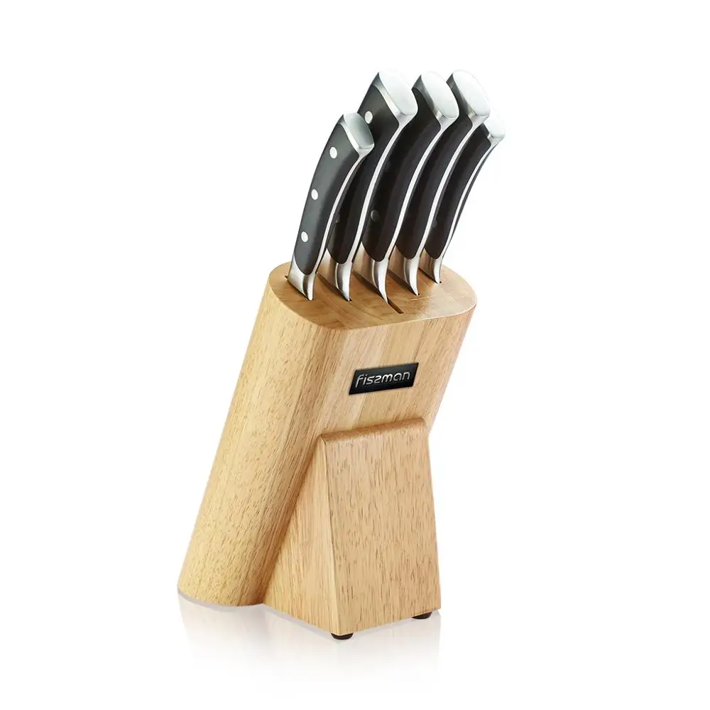 FISSMAN Stainless Steel Kitchen Knife Set with Wooden Knife Block-5pcs Knives inc Chef Santoku Boning Utility Paring Knife