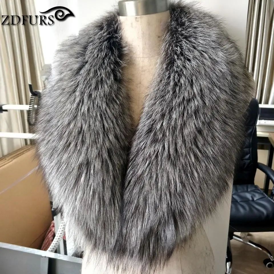ZDFURS* натуральный цвет настоящий серебристый Лисий меховой воротник для женщин большой размер воротник шарф Одежда Аксессуары ZDC-163004