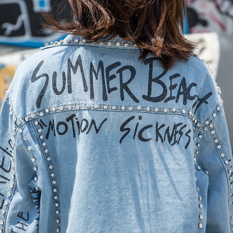 2018 Харадзюку пальто для женщин бриллиантовый принт уличная джинсовая куртка