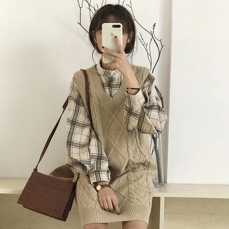 

Two-piece Suit Female 2019 New Spring Women's Plaid Shirt + Long Knit Sweater Dress Fashion Casual Preppy Style Club Outfits
