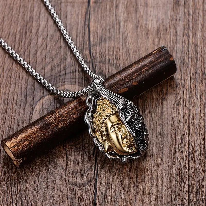 ZFVB Vintage Kind Evil Half Buddha Demon Face Necklace Hiphop Rock Design 316L Stainless Steel Punk Pendant Necklaces For Men | Украшения и