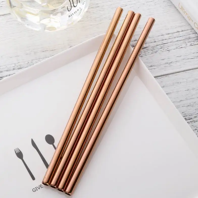 100 RoseGold Straigt 100 шт/партия Соломинки из нержавеющей стали+ щеточка для очистки, многоразовая диаметр 8 мм изогнутая металлическая соломинка золото черный Кухня Горячая - Цвет: 100 RoseGold Straigt
