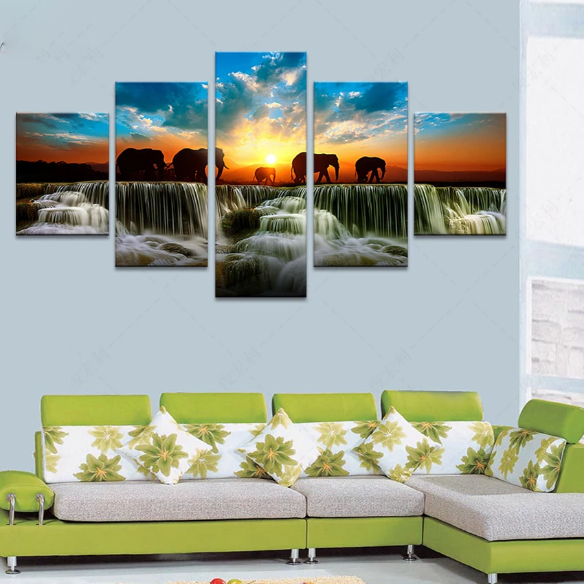 5 шт. Холст Искусство HD Печать Бесплатная доставка Сумерки водопад слон модульные