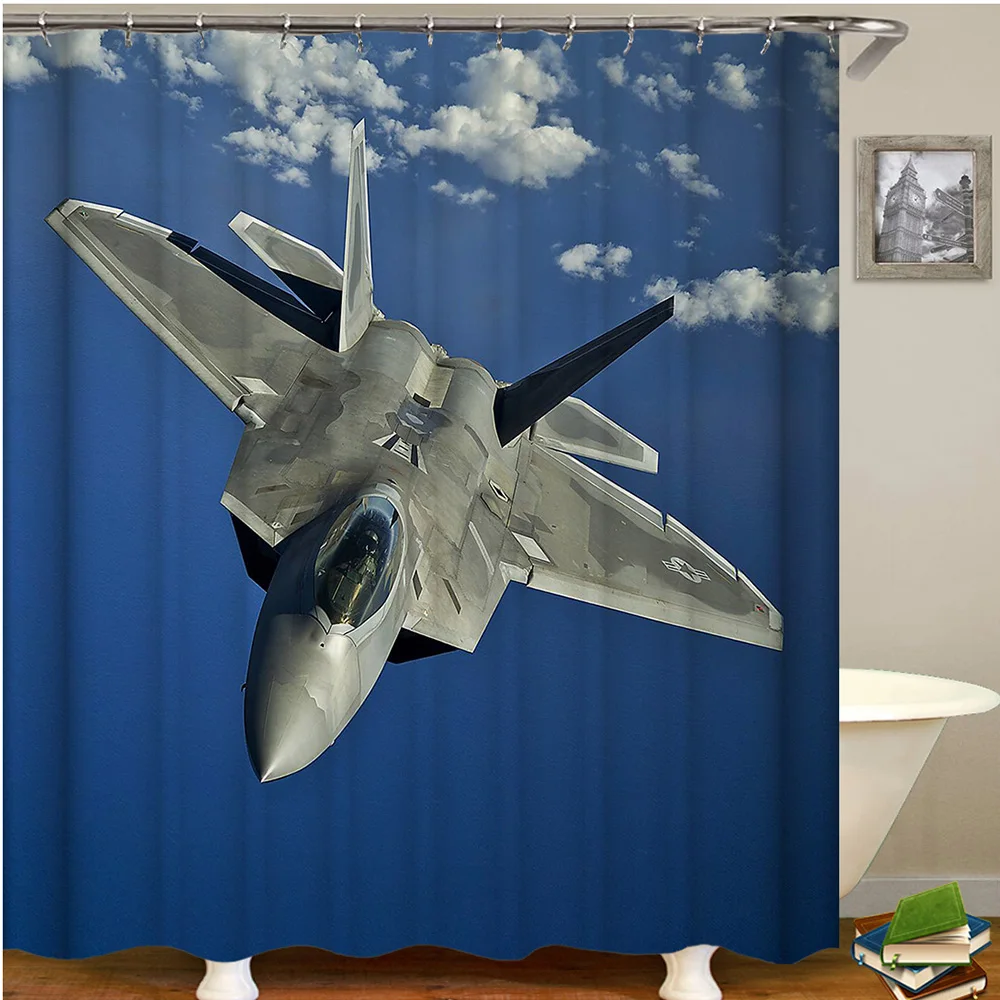 

Helicopter airplane shower curtain blue 12pcs hooks drop shipping Military fan bathroom curtain polyester fabric