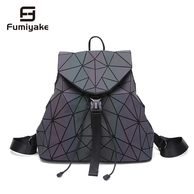 

Женский светящийся лазерный рюкзак, миниатюрная сумка на плечо с геометрическим узором, складные школьные ранцы для девочек-подростков с г...