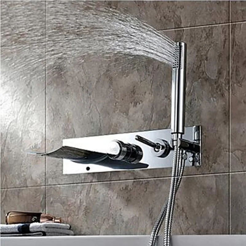 Водопад Цвет Изменение настенное крепление ванна кран с ручной душевой набор