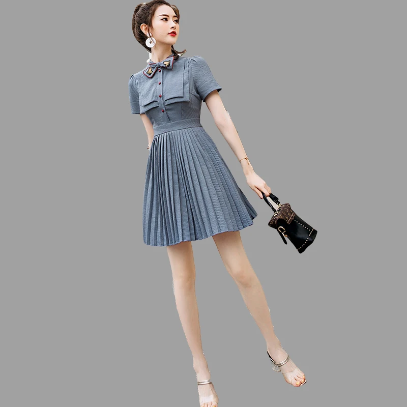

2018 New Contrast Collar Polka Bow Tie Dress Womens Short Sleeve Casual Summer Female Loose Womens Dresses Pleated Hot