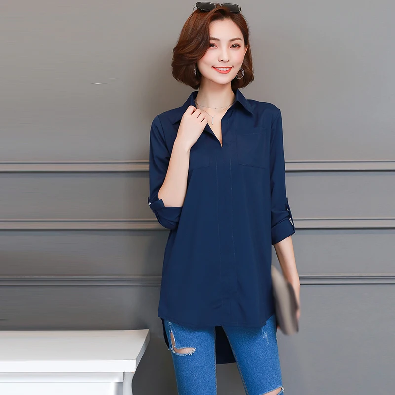 Длинная туника Модная рубашка Для женщин блузка 2019 осенние однотонные свободные