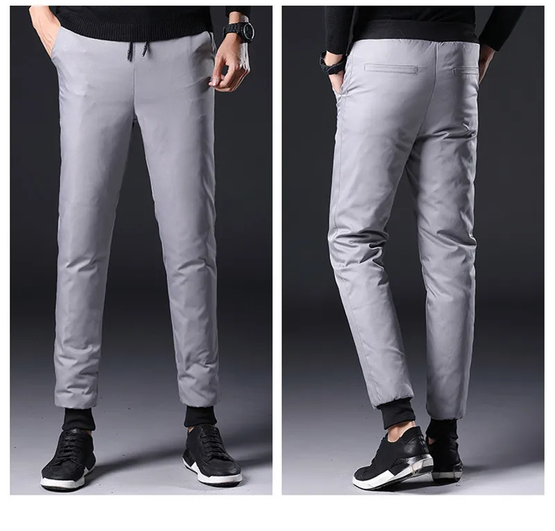 YHavaton Winter Mens 90% White Duck Down Pants Quality Elastic Waist Slim Snow Pants Warm Down Padded Trousers Male Outerwear