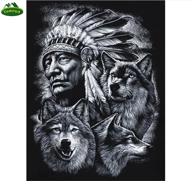 

YUMEART Diamond Painting Cross Stitch Kits Full Diamond Embroidery Indians and Wolf Needlework Diamond Mosaic Pattern Home Decor
