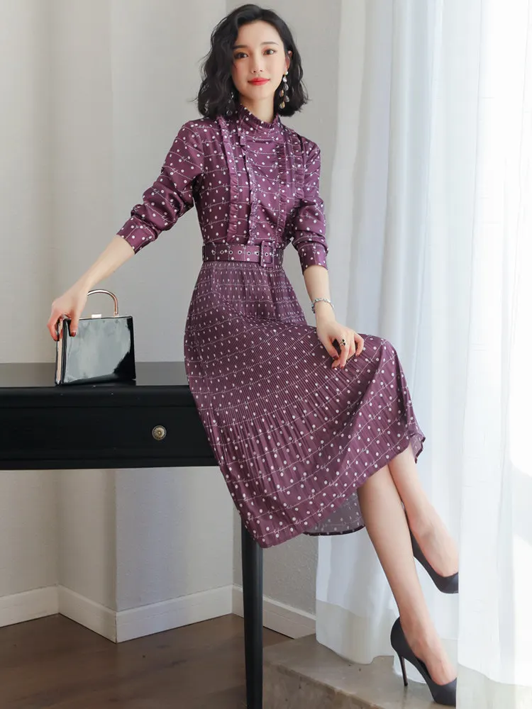 2019 new women's spring retro western European station dot dress and autumn businee offive purple | Женская одежда