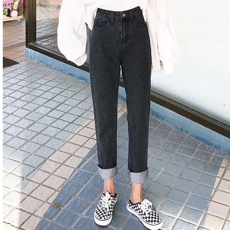 2019 spring new women's clothing high waist loose thin nine points wide leg jeans autumn solid color wild women straight trouser |