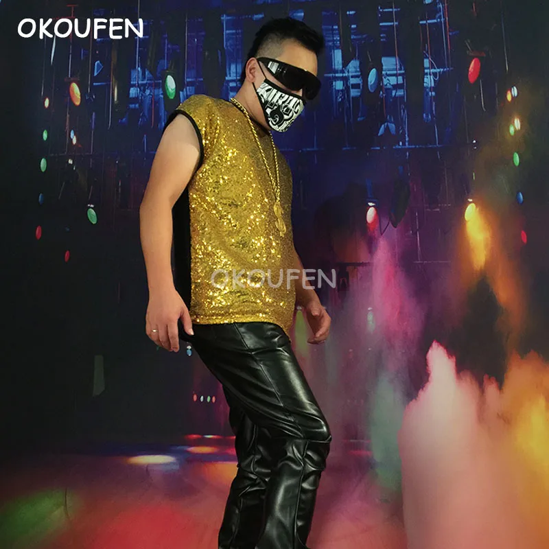 

2018 New Men's Sequined Vest loose bottom Tops DS costumes nightclub bar singer dj show stage performance costume