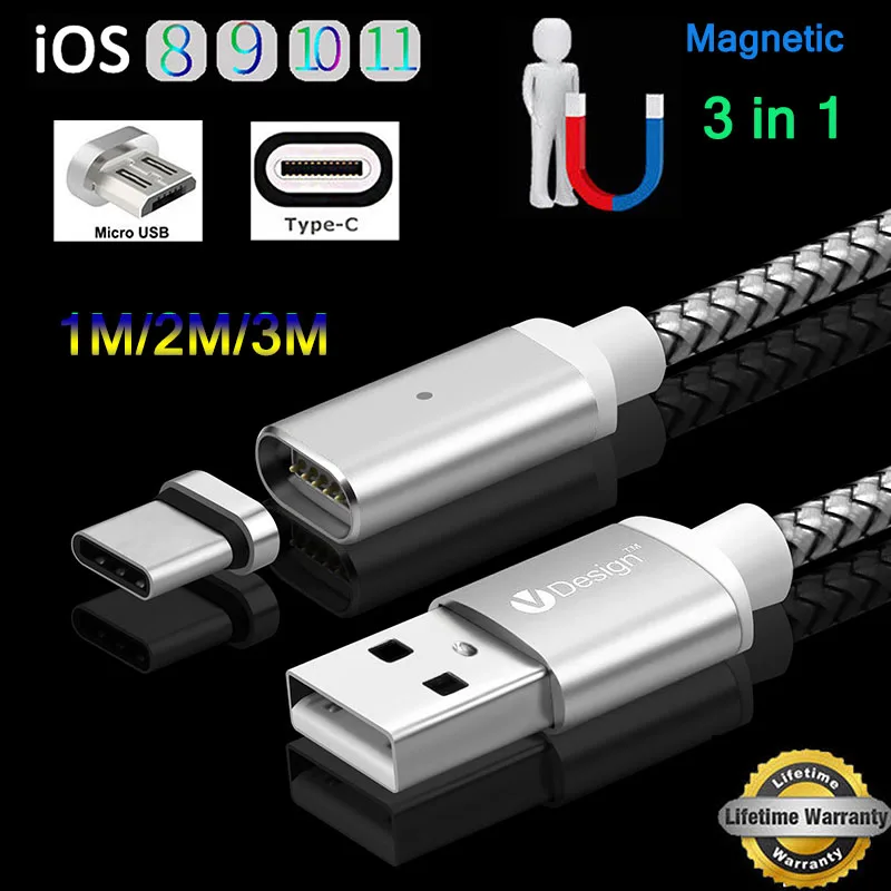 3 в 1 фута/6 футов/10 футов USB Type C/Micro USB/IOS Магнитный кабель Быстрая зарядка зарядное