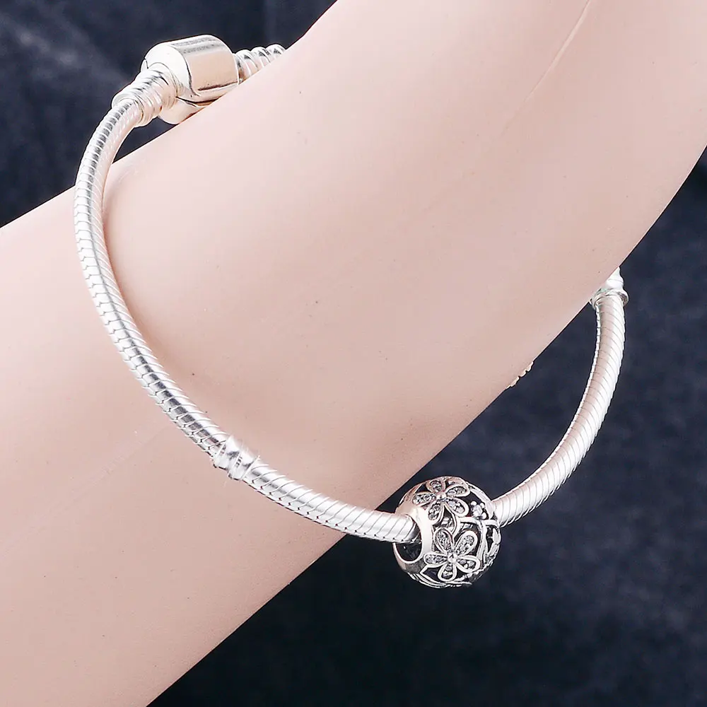 Серебряные бусины 925 пробы, Подходит для Pandora, очаровательный браслет, Ослепительная Фея Маргаритка, подвеска, светильник, Розовая эмаль и прозрачный Cz