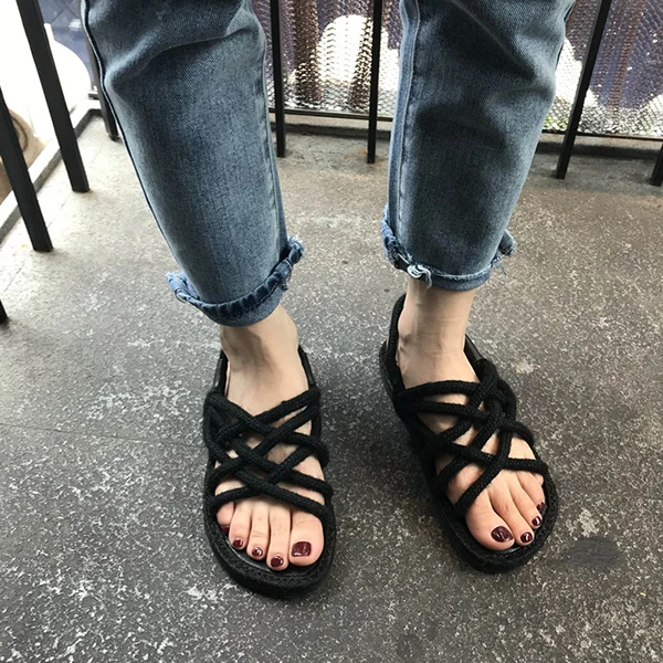 HTUUA/сандалии на плоской подошве с перекрестной шнуровкой и пеньковой веревкой