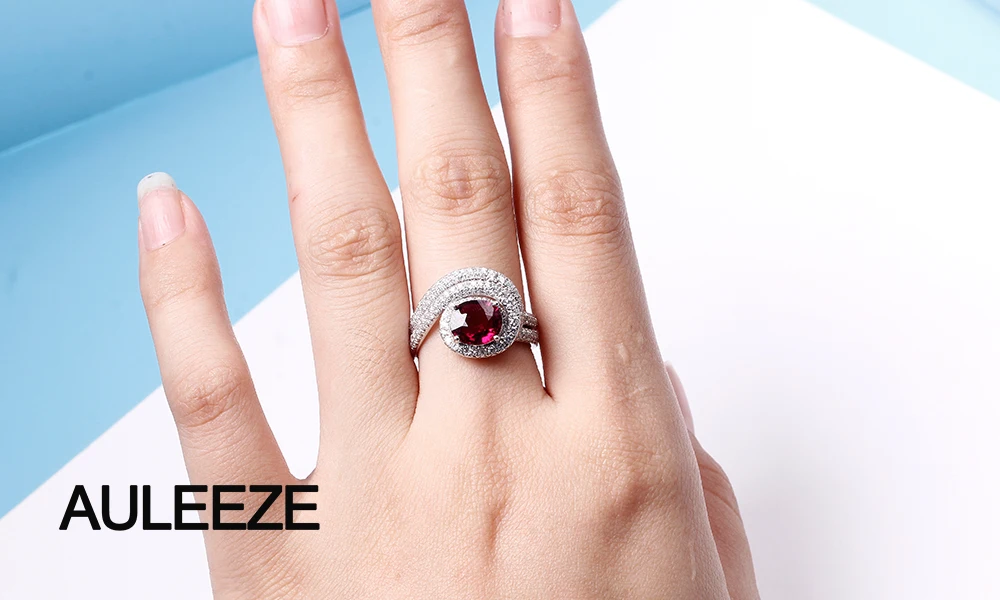 AULEEZE 1.5CT овальной огранки натуральный Rubellite красное кольцо с турмалином настоящий бриллиант 18 K белые золотые обручальные кольца для женщин ювелирные украшения